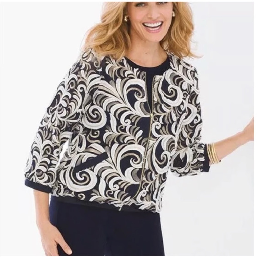 NWT Chico’s Traveler’s Collection Scrolls Bomber Jacket Size 1